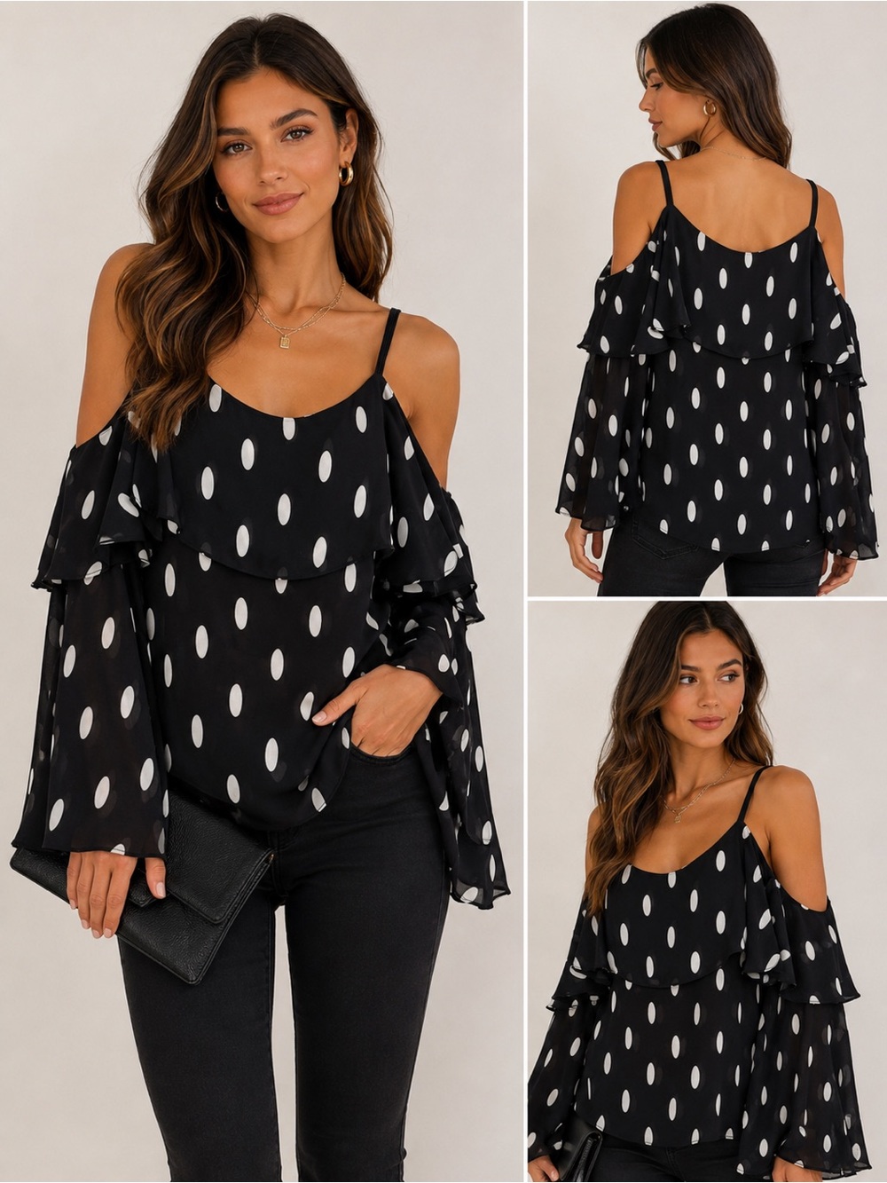 P. Luca Milano Black White Polka Dot  Blouse Tier Ruffle Bell Sleeve Top NWT L